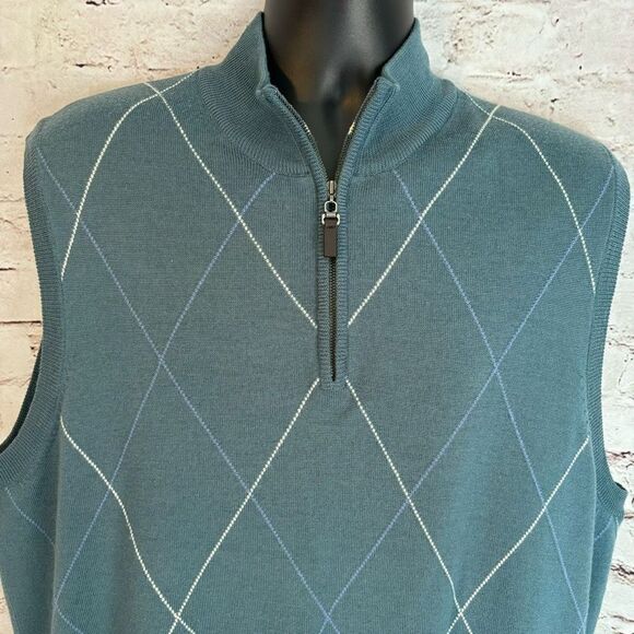 Fairway Greene Italian Merino Sweater Golf Vest Lined Zip Mock Neck Argyle L - Picture 2 of 6